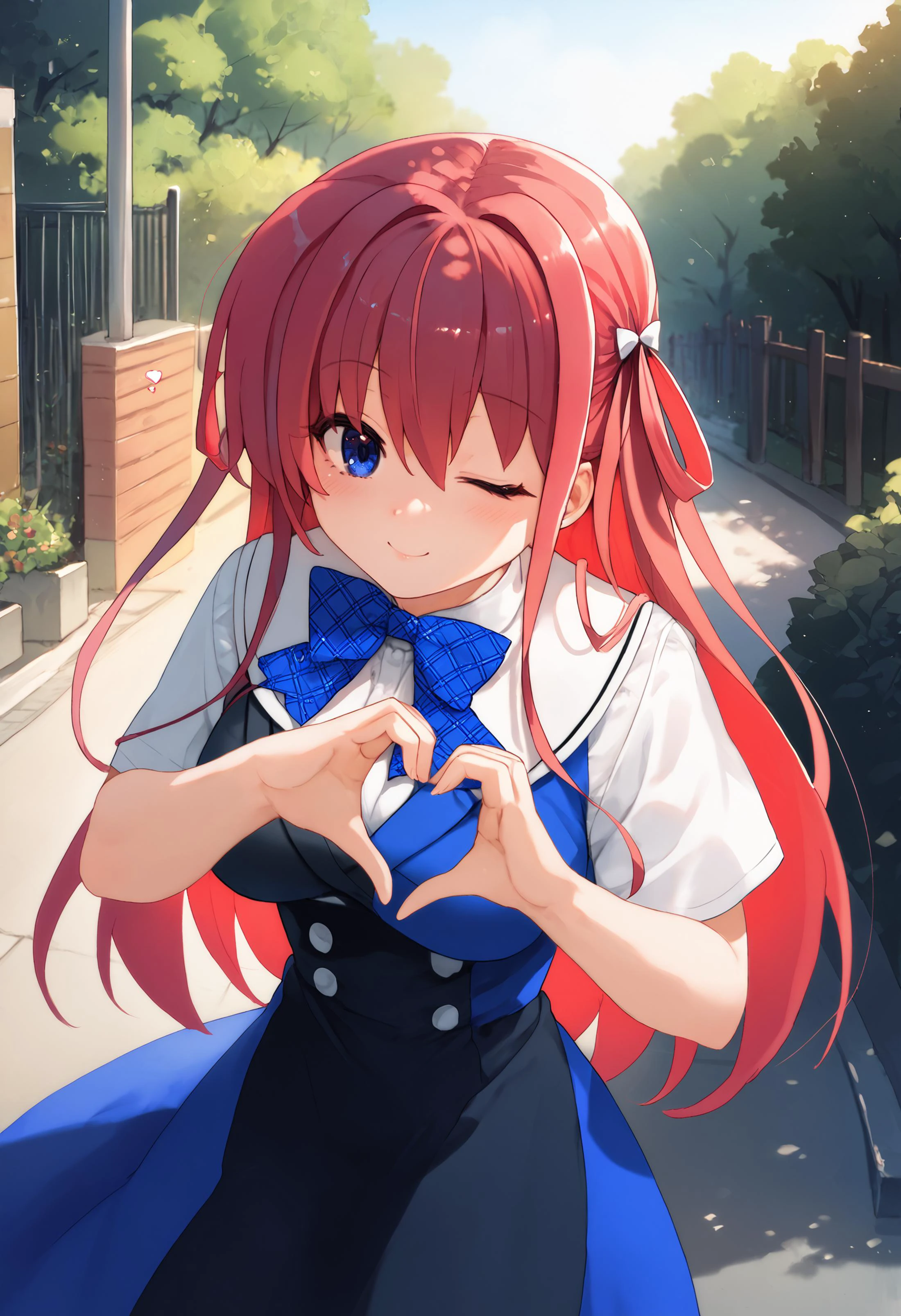 score_9, score_7_up, 1girl, <lora:Suou Amane 3-000009:1> suou amane, two side up, long hair, red hair, blue eyes, large breasts, two-tone dress, white shirt, plaid bowtie , blue dress, black dress, short sleeves, heart hands, looking at viewer, one eye closed, outdoors, smile,