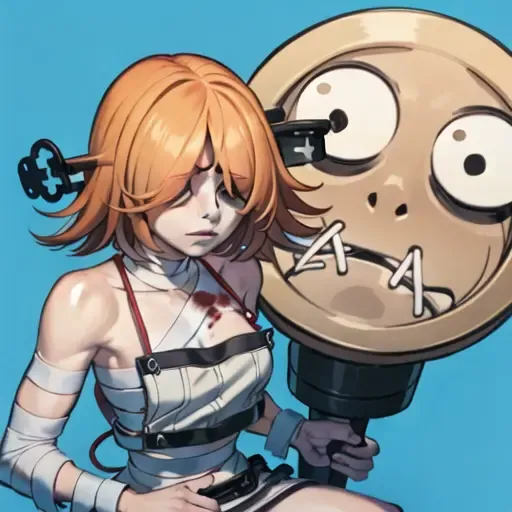 (masterpiece, best quality, high resolution), (illustration:1.0), extremely detailed face, perfect lighting, (perfect hands,perfect anatomy), (1girl, solo:1.5), glowing skin and perfect symmetrical pretty face,
1girl, abams, object through head, bandages, key, blood, hair over one eye, chain, solo, pale skin, <lora:Aba-000004:1>, <lora:MurkySpecial:0.8>