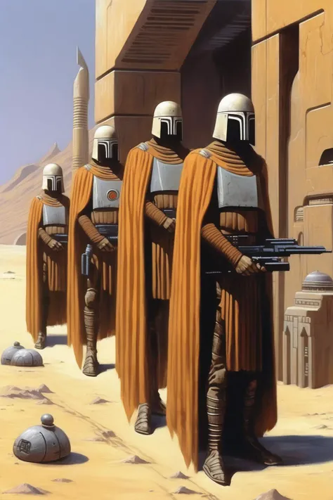 <lora:Angus McKie Style:1>Angus McKie Style - Ralph McQuarrie style painting of sci-fi dystopian ancient ottoman x ancient Roman x blade runner x samurai armoured trooper caliphate unit