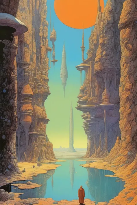 <lora:Angus McKie Style:1>Angus McKie Style - In the unpublished and breathtaking image from the Arzach album by Moebius, the essence of the Master's artistry shines through with remarkable clarity. in the foreground a mystical character levitating in the canyon, in the lotus position, serenity, ruins of an extraordinary city, water.. The vertical composition, elegantly presented in a 2:3 format, unveils a scene of unparalleled beauty that resonates perfectly with the spirit of the album. Prepare to be mesmerized by the sheer originality that permeates every aspect of this artwork. As your eyes wander across the canvas, you'll encounter a harmonious fusion of elements that defy convention and ignite the imagination. It is a visual symphony that stands as a testament to Moebius's boundless creativity. Vibrant and sublime colors dominate the image, bursting forth with a luminosity that captivates the viewer. The hues intertwine seamlessly, creating a rich tapestry that evokes a profound sense of awe. From ethereal pastels to vibrant bursts of intensity, the color palette is carefully orchestrated to evoke emotions and transport you to a realm of pure visual delight. Within this captivating tableau, the world of Arzach comes to life. Majestic landscapes unfold, adorned with surreal and fantastical elements that blur the lines between reality and imagination. Enigmatic creatures, both elegant and mysterious, clothing in the style of Moebius, strange bird in the style of Moebius, canyon, strange grass resembling tentacles of sea anemones populate the scene, inviting you to explore their enigmatic world. Moebius's artistic mastery is evident in the intricate details meticulously woven into the image. Each stroke of the brush or pen contributes to the overall narrative, telling a story that is open to interpretation and invites contemplation. The composition invites you to delve into the depths of its symbolism and immerse yourself in the profound beauty it offers. This painting should transport us to a realm where the extraordinary will become ordinary, where the imagination will reign supreme and where the legacy of Moebius' "Arzach" album will endure. This unique jewel will sum up the essence of the Master's art, because it will dazzle with its originality, its beauty and the sublime colors that will spring from its core. Action, Highly Impressive & Realistic Poses, Hyper-detailed, Insane Details, Intricate Details, Cinematics, Editorial Art, Photo Shoot, Tilt Blur, Super-Resolution, Megapixels, Unreal Engine 5, Studio Lighting, Volumetric, Optical, Diffusion Glowing, Shadows, Proportions, Rough, Shimmery, Ray Tracing Reflections, Glossy, Lumen Reflections, Screen Space Reflections, Diffraction Rating, Chromatic Aberration, GB Shift, Ray Tracing, Ray Tracing Ambient Occlusion Anti-Ali asing, Post-Processing, Post-Production, Cel Shading, Tone Mapping, Incredibly Detailed and Intricate, Hypermaximalist, Sleek, Hyper Realistic, Super Detailed, Dynamic Pose, Hyperrealism, HDI, 8k