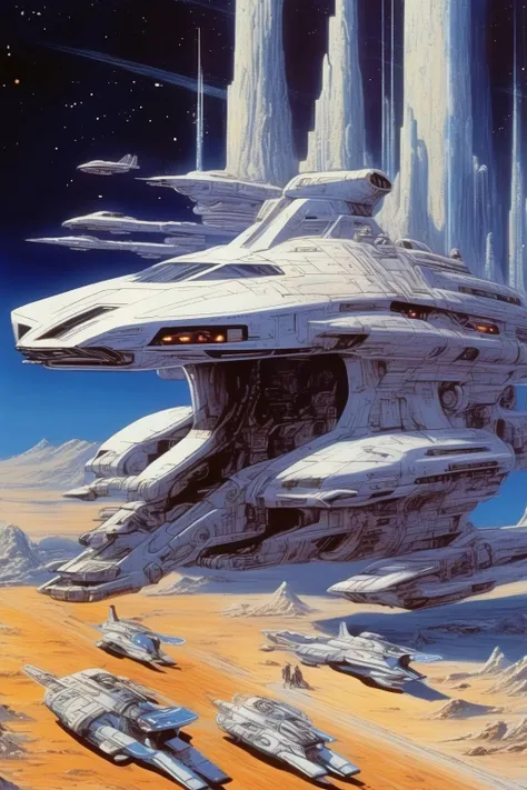 <lora:Angus McKie Style:1>Angus McKie Style - visualize old used white with blue led long squarre space military destroyer cruisers like Galactica in a badass futurist shape With Nazca glyph design pattern.led line assymetric. light trail. sophisticated.. realistic hyper-detailed,comic art,dynamic pose,32k UHD.magnification.made by manhattan studios, is flying through space, in the style of hirohiko araki, noriyoshi ohrai, mecha anime, majestic ports, hard-edged, ralph bakshi painting, digital art techniques