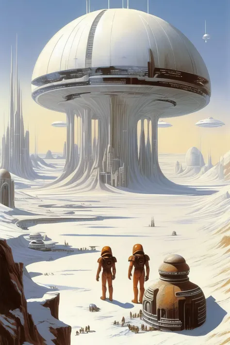 <lora:Angus McKie Style:1>Angus McKie Style - RALPH MCQUARRIE art. transparent Dome city on white desert planet.