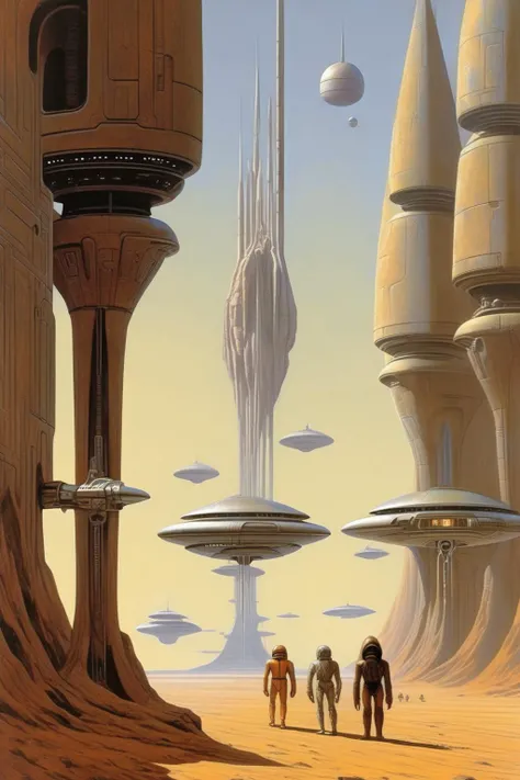 <lora:Angus McKie Style:1>Angus McKie Style - In the style of Ralph McQuarrie and Moebius, envision a group of intrepid explorers stumbling upon an awe-inspiring alien artifact, its intricate design reminiscent of both ancient mythology and futuristic technology. Let McQuarrie's iconic blend of realism and imagination bring to life the divine proportions of the otherworldly machine.