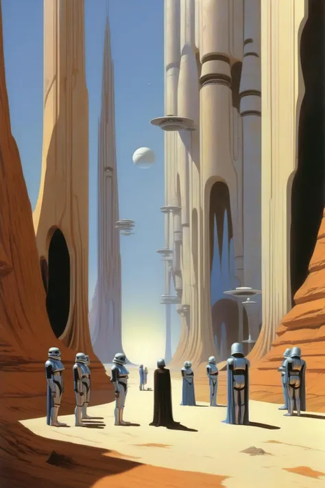 <lora:Angus McKie Style:1>Angus McKie Style - Ralph McQuarrie girls and technicolor landscapes ceremony of the blue satin sheet