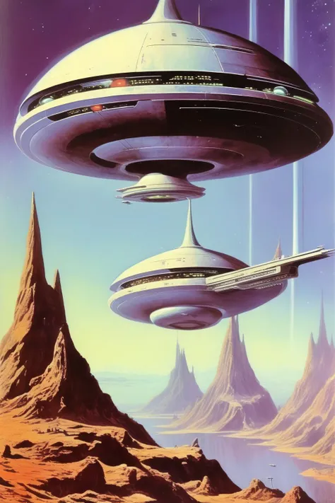 <lora:Angus McKie Style:1>Angus McKie Style - 70's scifi book cover art, no text, of a giant planet sized starship