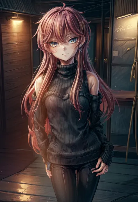 (Highres), (Detailed Illustration), Ultra-Detailed, 8k,highres, CRN1.2, (masterpiece, best quality:1.2), solo, 1girl, seraphina, slight smile, looking at viewer, hand on hip, off-shoulder sweater, black pants, earrings <lora:unordinary_seraphina-10:1> <lora:add_detail:1> <lora:hairdetailer:0.8>