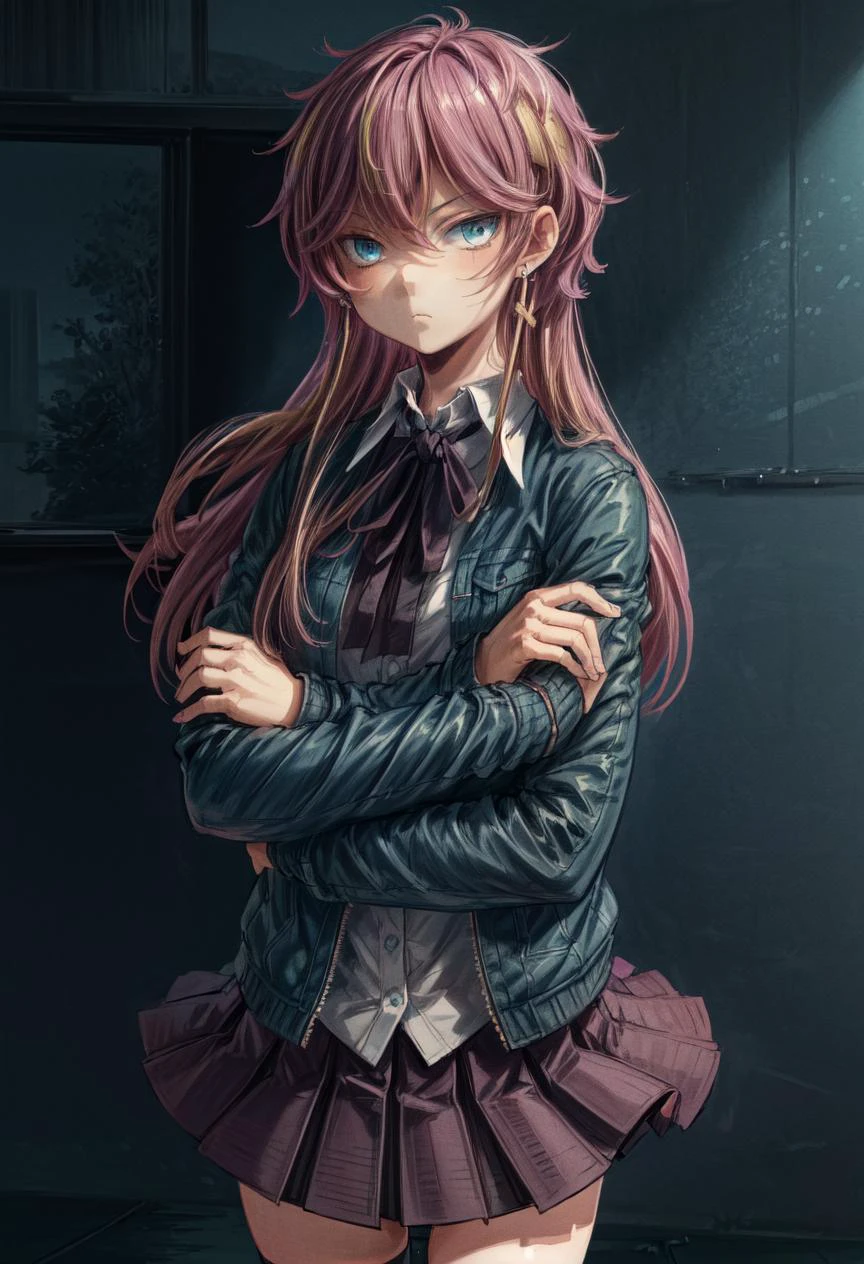 (Highres), (Detailed Illustration), Ultra-Detailed, 8k,highres, CRN1.2, (masterpiece, best quality:1.2), solo, 1girl, seraphina, expressionless, looking at viewer, crossed arms, blue jacket, shirt, neck ribbon, skirt, thighhighs, cross earrings <lora:unordinary_seraphina-10:1> <lora:add_detail:1> <lora:hairdetailer:0.8>