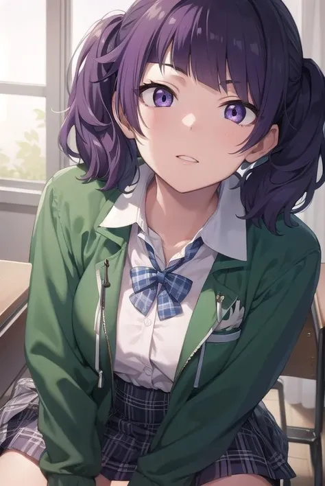 mamimitanaka, <lora:mamimitanaka-lora-nochekaiser:1>,
mamimi tanaka, asymmetrical bangs, blunt bangs, diagonal bangs, (purple eyes:1.1), purple hair, twintails,
BREAK school uniform, jacket, green jacket, (jacket partially removed:1.5), shirt, collared shirt, white shirt, bow, blue bow, skirt, plaid, plaid skirt, pleated skirt, short skirt,
BREAK looking at viewer,
BREAK indoors, classroom,
BREAK <lyco:GoodHands-beta2:1>, (masterpiece:1.2), best quality, high resolution, unity 8k wallpaper, (illustration:0.8), (beautiful detailed eyes:1.6), extremely detailed face, perfect lighting, extremely detailed CG, (perfect hands, perfect anatomy),