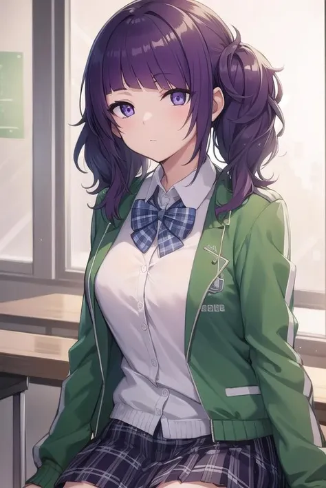 mamimitanaka, <lora:mamimitanaka-lora-nochekaiser:1>, 
mamimi tanaka, asymmetrical bangs, blunt bangs, diagonal bangs, (purple eyes:1.1), purple hair, twintails,
BREAK school uniform, jacket, green jacket, (jacket partially removed:1.5), shirt, collared shirt, white shirt, bow, blue bow, skirt, plaid, plaid skirt, pleated skirt, short skirt,
BREAK looking at viewer,
BREAK indoors, classroom,
BREAK <lyco:GoodHands-beta2:1>, (masterpiece:1.2), best quality, high resolution, unity 8k wallpaper, (illustration:0.8), (beautiful detailed eyes:1.6), extremely detailed face, perfect lighting, extremely detailed CG, (perfect hands, perfect anatomy),