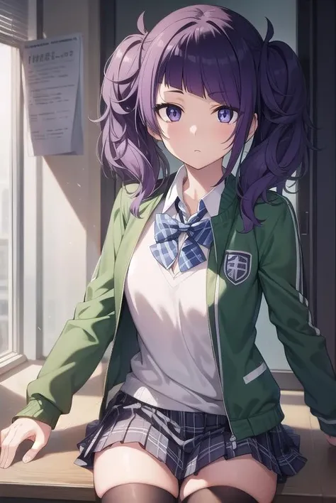 mamimitanaka, <lora:mamimitanaka-lora-nochekaiser:1>,
mamimi tanaka, asymmetrical bangs, blunt bangs, diagonal bangs, (purple eyes:1.1), purple hair, twintails,
BREAK school uniform, jacket, green jacket, (jacket partially removed:1.5), shirt, collared shirt, white shirt, bow, blue bow, skirt, plaid, plaid skirt, pleated skirt, short skirt,
BREAK looking at viewer,
BREAK indoors, classroom,
BREAK <lyco:GoodHands-beta2:1>, (masterpiece:1.2), best quality, high resolution, unity 8k wallpaper, (illustration:0.8), (beautiful detailed eyes:1.6), extremely detailed face, perfect lighting, extremely detailed CG, (perfect hands, perfect anatomy),