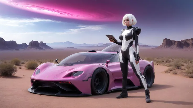 (standing in front of vehicle:1.3) ,full body wide angle cinematic shot [standing on path leading to alien city under glass dome], surreal purple sky,(standing woman looking at tablet device:1.3), (vehicle focus:1.3),alien planet, surreal desert terrain, arm extended holding tablet, standing next to widebody++ cyberpunk++ prerunner rally offroad car style of (Giorgetto Giugiaro:1.4), (style of Gordon Murray), (style of Horacio Pagani:0.8),opalescent paint, [alien sky], [magenta cloudy skies], [ringed planet in distance], dust trails, dust devil <lora:Drone_Cars_XL:0.5>,BREAK, BREAK,(pale, 24 years old, large covered breasts, cleavage, skinny waist, young european woman, futuristic fashionista:1.5), utility belt, map, (Oval-shaped face, luminous complexion, aqua+ almond-shaped eyes, thin high arched eyebrows, small upturned nose, cupid's bow lips:1.2),(backlit sliced bob medium white hair:1.3),form-fitting high tech racesuit with neon magenta accents that highlight her silhouette,(dragon scale leggings:1.1)