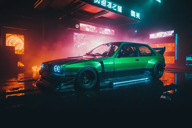 (intrincated details:1.5), (photorealistic), (masterpiece), (photography),  cinematic lighting, (hyperrealistic:1.2), 8K, 300mm
vehicle focus, cyberpunks car, cyberpunk alley, ground vehicle, motor vehicle, , scenery, solo, night time, wide tyres, autonomous vehicle,(neon lights), steam coming out of the exhausts, (lens flare, film noise, diffused glow.1.5), (reflections and shine:1.5), (diffraction and chromatic aberration:1.5), (without license plate), (extremely shiny car paint), (tires with a lot of negative camber), Drone Cars, simetric design, foreshortening, (3/4 front)
sparks floating, (dust and scratches film:1.2), (vintage color grading:1.3), dense environment, (old photo style)
 <lora:Drone_Cars_XL:1>   <lora:add_detail:2>  SK_ANIME