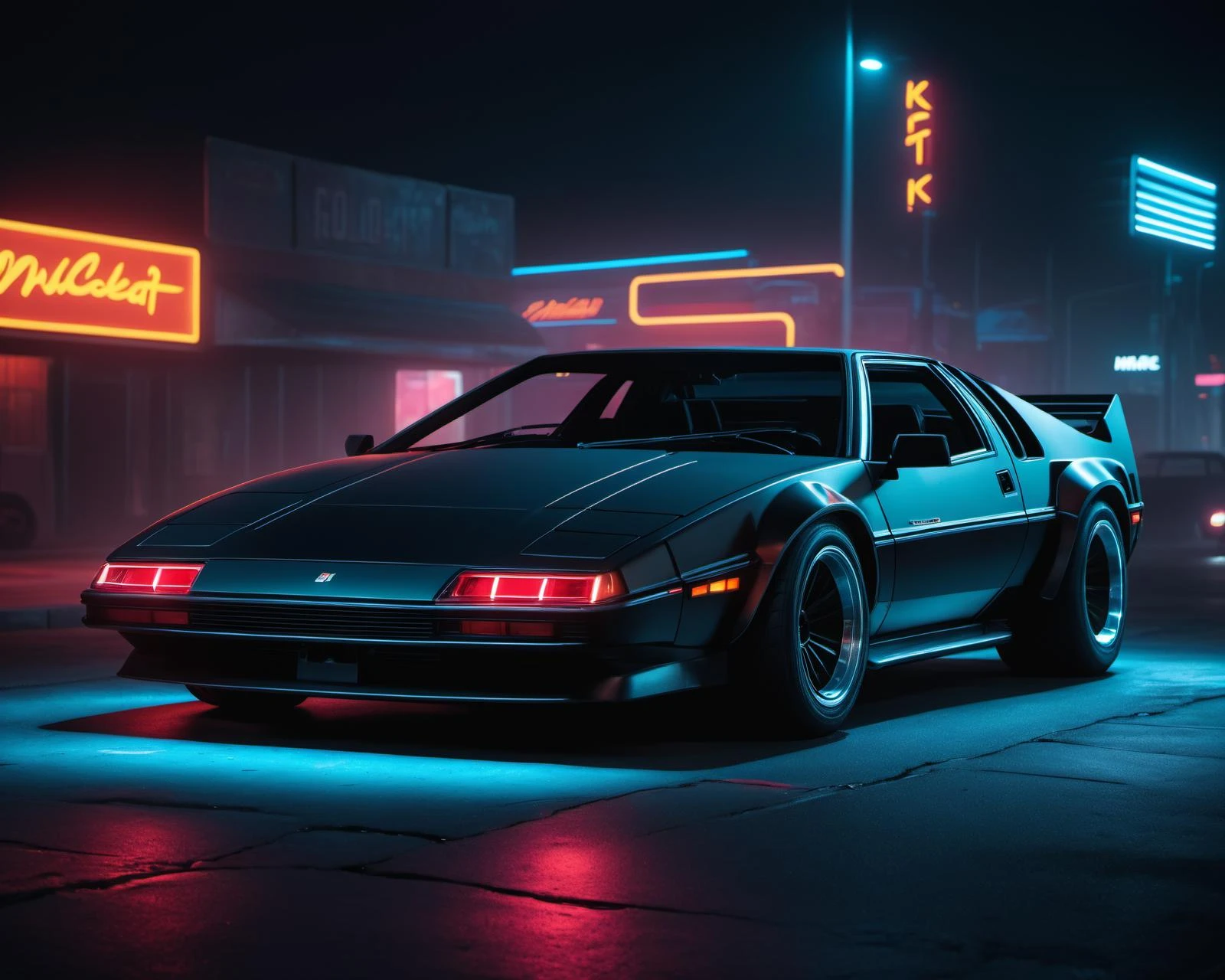 (intrincated details:1.2), (photorealistic), (masterpiece), (photography), cinematic lighting,
KITT cyberpunk, car,, wide tyres,, no humans, scenery, solo, vehicle focus, night time, , neon lights,side view, headlights, frontal 3/4 view, wheels outside the body,