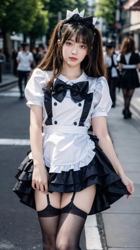 best quality,HDR,UHD,8K,Vivid Colors,solo,(front mirror:0.9),photo_(medium),(1girl:1.3),(looking at viewer:1.4),cowboy shot,
<lora:add_detail:0.5>,street,many people,standing,outside,<lora:rc5:0.75>,rc,bow,thighhighs,maid apron,