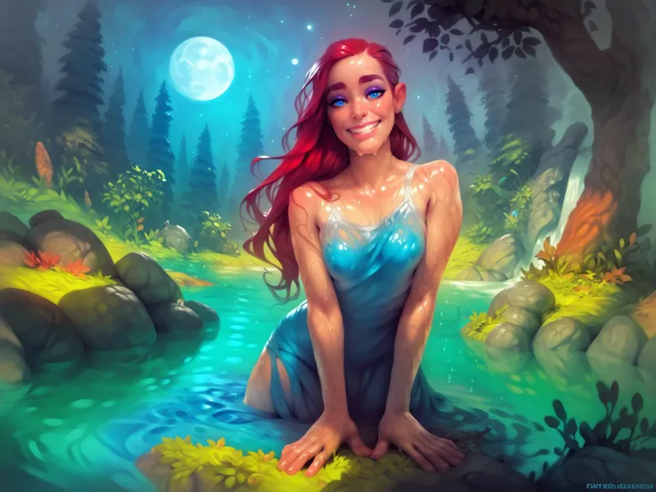 1girl, blue eyes, purple eyeshadow, make up, shy smile, long red hair, slim body, small breasts, she stands with her back to the viewer in a lake in the forest, her upper body slightly turned towards the viewer at night, full moon, many stars in the sky, she looks over her shoulder at the viewer, she is wearing a long silver-blue dress which is cut out at the back to just above her bottom, from behind, wet, wet dress, full body, calm style, <lora:CalmXL-000010:0.8>, score_9, score_8_up, score_7_up, score_6_up, source_cartoon, source_western
