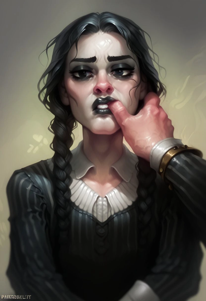 score_9, score_8_up, score_7_up, score_6_up, calm style, source_cartoon, source_western, <lora:CalmXL:0.7> BREAK
<lora:Mouth_Pull:1.0> openwide, Finger In Another's Mouth, 1girl, Wednesday addams(/The addams family)/, hair in two braids, black hair, black eyes, pale skin, black lips, bored
