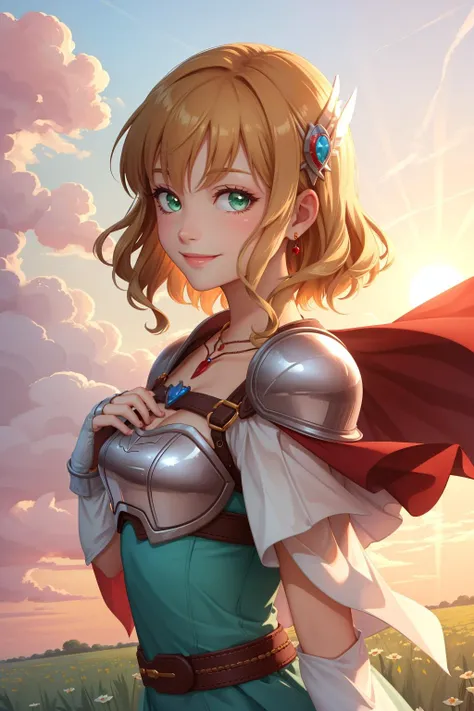 masterpiece, best quality, nanna, hair ornament, necklace, armor, red cape, green dress, belt, white gloves, upper body, looking at viewer, smile, field, sky, sunset, from side <lora:nanna-nvwls-v1-000010:0.9>