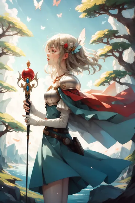 masterpiece, best quality, nanna, hair ornament, necklace, armor, red cape, green dress, belt, white gloves, cowboy shot, sky, butterflies, trees, looking up, from side, holding a wizard's staff <lora:nanna-nvwls-v1-000010:0.9>