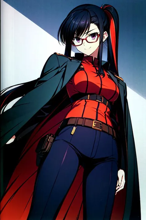 <lora:Takeshi Nakamura:0.8>, absurdres, ultra detailed, masterpiece, best quality, aesthetic, detailed,, solo, smug smile, 1girl, purple eyes, red-framed eyewear, (black hair, red colored tips:1.2), red streaked hair, very long hair, side ponytail, tied hair, medium breasts,, <lora:StS-Coat-and-Jacket-On-Shoulders-Iteration2:0.7> dataset, jacket on shoulders, coat on shoulders, red dress, sleeves rolled up, fingerless gloves, holster, belt, multiple belts, combat boots, bulletproof vest, pants, black coat, tactical clothes,