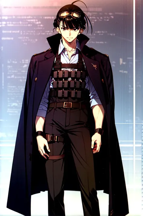 <lora:Takeshi Nakamura:0.8> (goggles on head:1.2),, absurdres, ultra detailed, masterpiece, best quality, aesthetic, detailed,, solo, smug smile, 1boy, red eyes, <lora:Tsurime3:0.7>, (tsurime:1.2), black hair, undercut, top knot, parted bangs, long bangs, bangs, short hair, hair intakes, tall,, <lora:StS-Coat-and-Jacket-On-Shoulders-Iteration2:0.7> dataset, jacket on shoulders, (coat on shoulders:1.3), black coat, dress shirt, sleeves rolled up, fingerless gloves, holster, pants, belt, multiple belts, combat boots, bulletproof vest, tactical clothes,