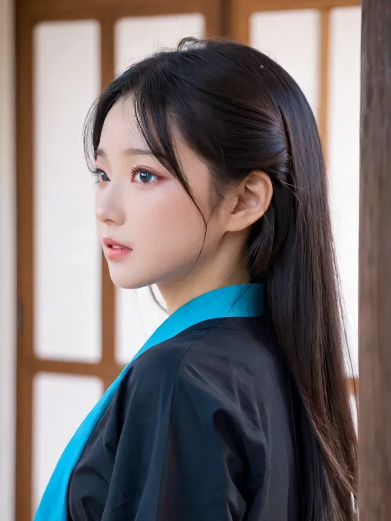 1girl, solo, HQ, black hair, black shirt, blue eyes, closed mouth, girl, from side, hair between eyes, japanese clothes, long hair, long sleeves, open mouth, profile, shirt, upper body, wide-eyed,