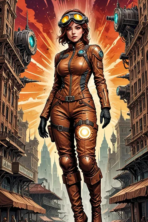 a pulsar and wearing ripped dirty flight suit in a steampunk metropolis in the style of sticker design vector art, award winning graphic design, <lora:sdxl_lightning_8step_lora.safetensors:1.0>, <lora:add detail xl.safetensors:1.5>