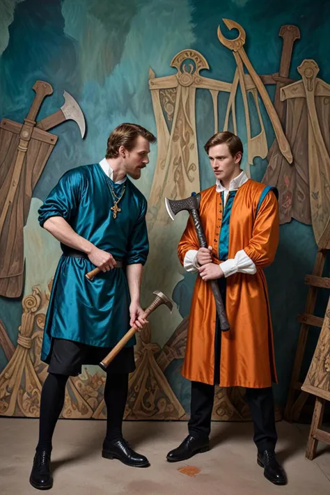 a battleaxe and hamlet in a behind the scenes photo in the style of intricate painting, blueberry and orange and teal, <lora:sdxl_lightning_8step_lora.safetensors:1.0>, <lora:add detail xl.safetensors:1.5>