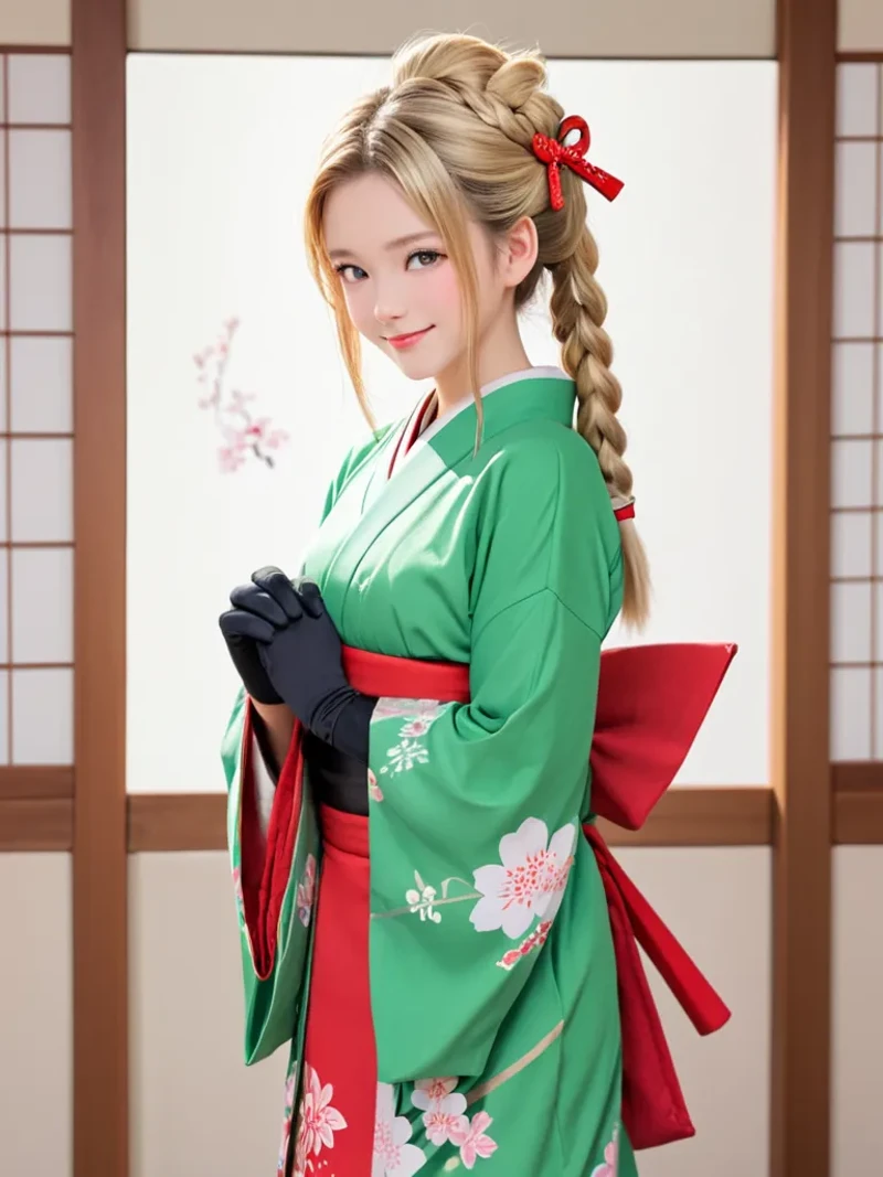 1girl, solo, HQ, black gloves, blonde hair, braid, closed mouth, girl, gauntlets, gloves, green eyes, hair ornament, hairclip, hat, japanese clothes, kimono, long hair, long sleeves, one eye closed, print kimono, red hakama, sketch, smile, tail,