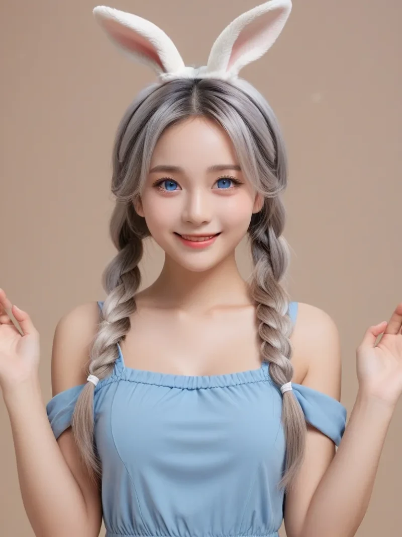 1girl, solo, HQ, blue eyes, braid, closed mouth, eyelashes, hair between eyes, hands up, long hair, rabbit smile, white hair,