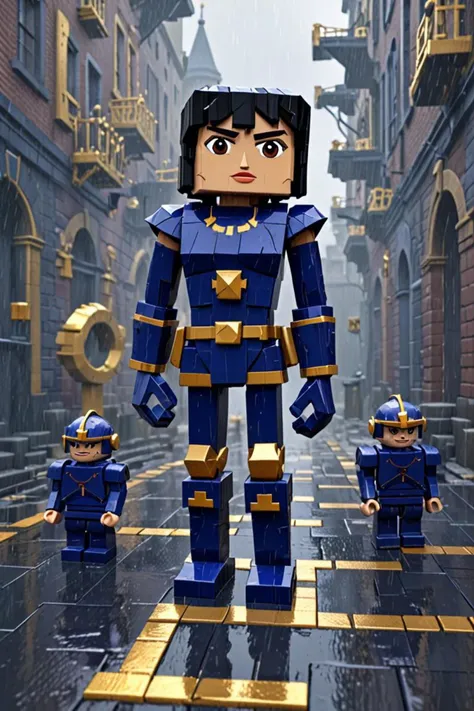 a catapults and black heavy armor with gold trim in a rainy day in 3d blocky rendered video game in the style of in the style dora maar, deep dark blue, <lora:sdxl_lightning_8step_lora.safetensors:1.0>, <lora:add detail xl.safetensors:1.5>