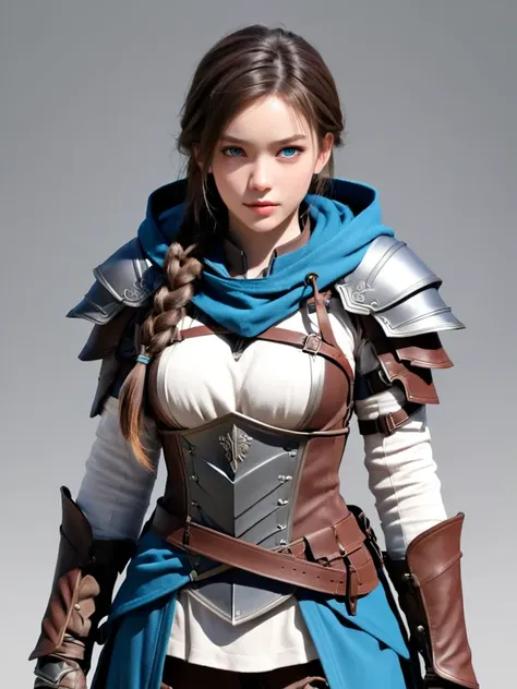 1girl, solo, HQ, armor, blue eyes, boots, braid, breastplate, brown gloves, closed mouth, elbow gloves, gauntlets, gloves, grey gloves, hooded coat, jacket, long hair, open clothes, open jacket, pauldrons, pauldrons, pelvic curtain, sheath, sheathed, shoulder armor, sketch, hold, holding sword,