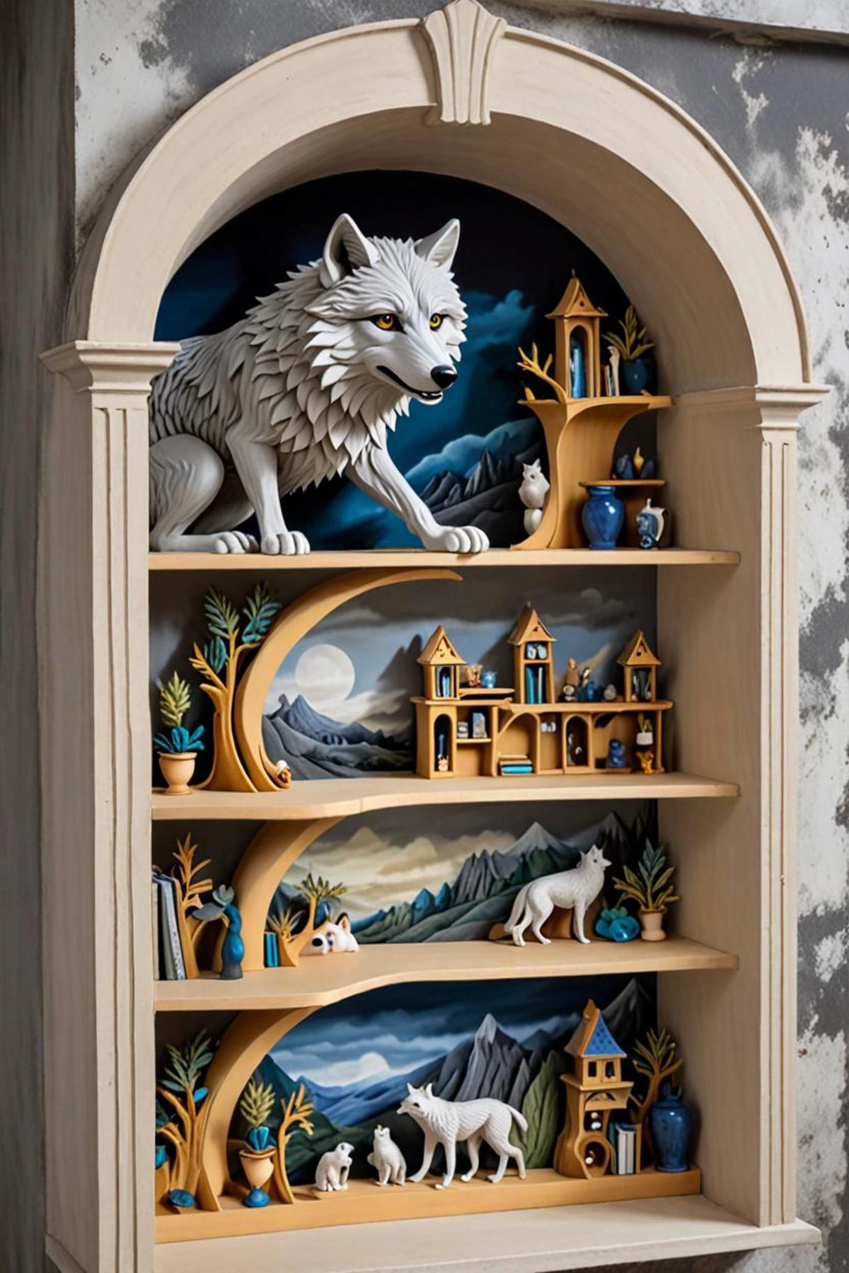 a shelf and great wolf in a terraces in the style of surrealism!!!!, pulling the move'the banshee ', <lora:sdxl_lightning_8step_lora.safetensors:1.0>, <lora:add detail xl.safetensors:1.5>