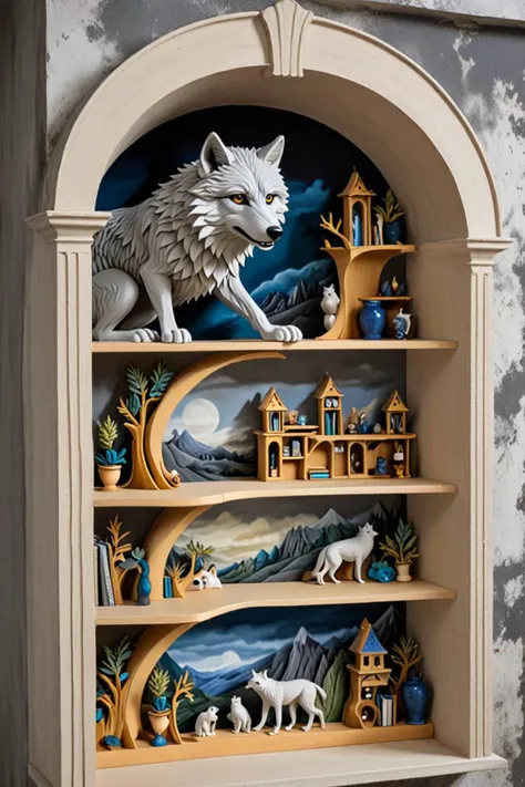 a shelf and great wolf in a terraces in the style of surrealism!!!!, pulling the move'the banshee ', <lora:sdxl_lightning_8step_lora.safetensors:1.0>, <lora:add detail xl.safetensors:1.5>