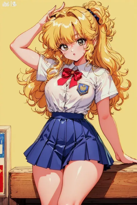 (1girl), (full), korean, torso, body,curvy, sfw, fine art, 8k, ultra-detailed, highres, (best quality, masterpiece:1.2), volumetric lighting, focus, colorful, paint, illustration, ((extreme details)), sexy, school uniform, , crazy hair, curly hair, whirlwind hair, blonde hair, mini skirt