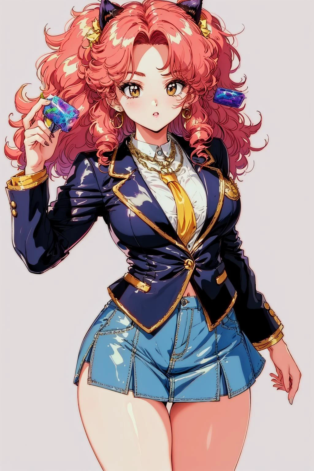 (1girl), (full), korean, torso, body,curvy, sfw, fine art, 8k, ultra-detailed, highres, (best quality, masterpiece:1.2), volumetric lighting, focus, colorful, paint, illustration, ((extreme details)), sexy, black suit with purple tie, rose on the chest, monocle, gold chains, crazy hair, curly hair, whirlwind hair, multi color hair, rainbow hair, mini skirt
