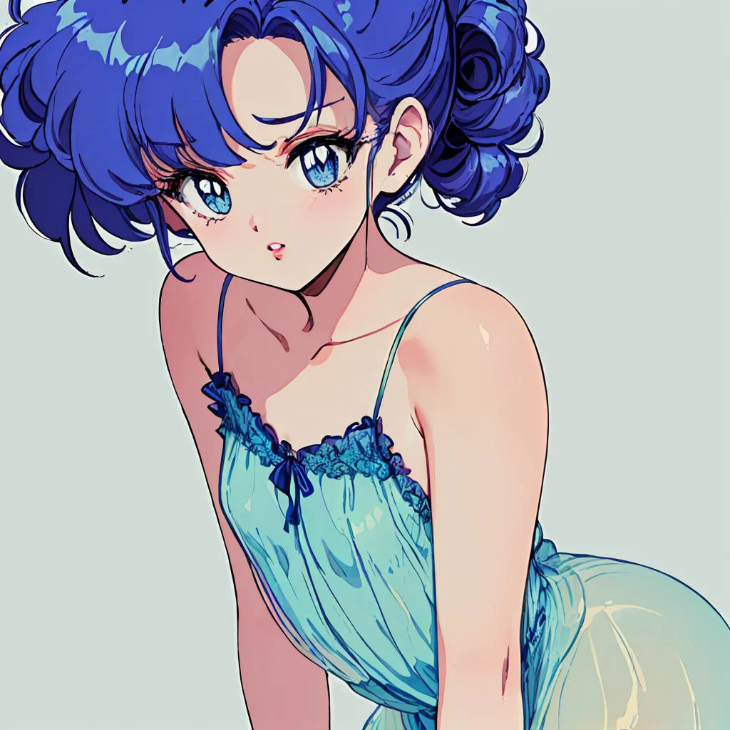 (masterpiece, best quality, anime, retro, realistic, cinematic lighting, hentai, vivid:1.2), (pc98 art style, flat color, low bit color:1.5), (dynamic closeup shot:1.2), (simple beach background:1.2), (mature woman:1.3), (moan face:1.3), (negligee:1.3) (huge breast), (party chignon blue hair), (curvy, thick), (color lips), sexually suggestive,