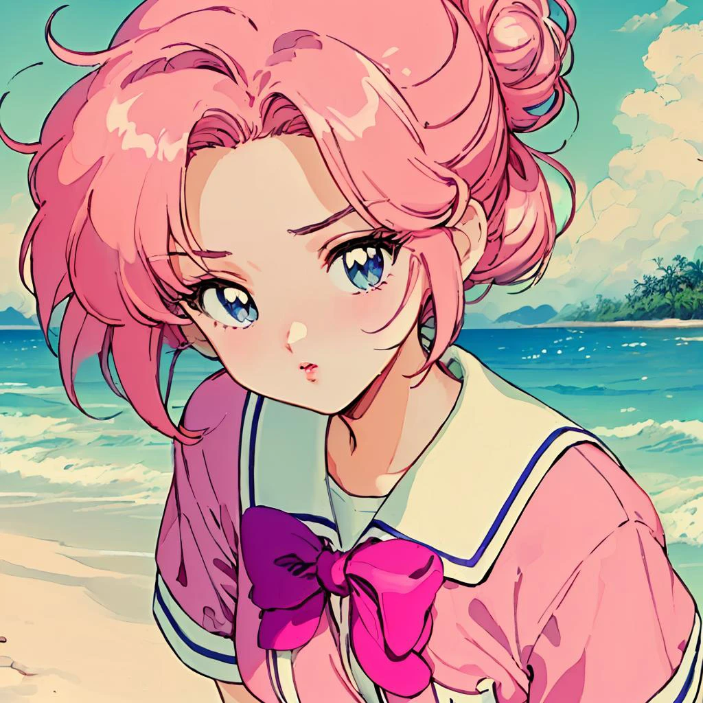 (masterpiece, best quality, anime, retro, realistic, cinematic lighting, hentai, vivid:1.2), (pc98 art style, flat color, low bit color:1.5), (dynamic closeup shot:1.2), (simple beach background:1.2), (mature woman:1.3), (emotionless face:1.3), (school uniform:1.3) (huge breast), (party chignon pink hair), (curvy, thick), (color lips), sexually suggestive,