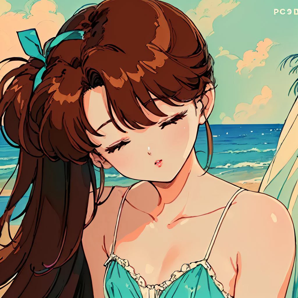 (masterpiece, best quality, anime, retro, realistic, cinematic lighting, hentai, vivid:1.2), (pc98 art style, flat color, low bit color:1.5), (dynamic closeup shot:1.2), (simple beach background:1.2), (mature woman:1.3), (closed eyes face:1.3), (negligee:1.3) (huge breast), (party chignon bronze color hair), (curvy, thick), (color lips), sexually suggestive,