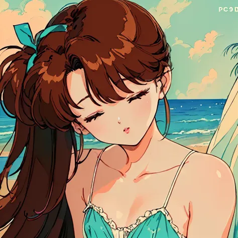 (masterpiece, best quality, anime, retro, realistic, cinematic lighting, hentai, vivid:1.2), (pc98 art style, flat color, low bit color:1.5), (dynamic closeup shot:1.2), (simple beach background:1.2), (mature woman:1.3), (closed eyes face:1.3), (negligee:1.3) (huge breast), (party chignon bronze color hair), (curvy, thick), (color lips),  sexually suggestive,