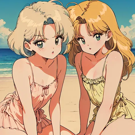 (masterpiece, best quality, anime, retro, realistic, cinematic lighting, hentai, vivid:1.2), (pc98 art style, flat color, low bit color:1.5), (dynamic closeup shot:1.2), (simple beach background:1.2), (mature woman:1.3), (moan face:1.3), (negligee:1.3) (huge breast), (long straight beige hair), (curvy, thick), (color lips),  sexually suggestive,