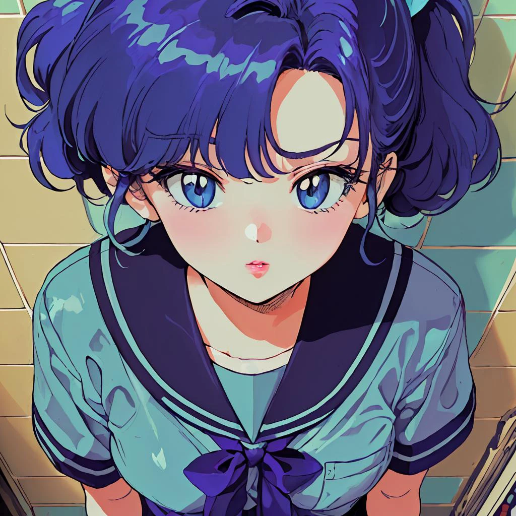 (masterpiece, best quality, anime, retro, realistic, cinematic lighting, hentai, vivid:1.2), (pc98 art style, flat color, low bit color:1.5), (dynamic closeup shot:1.2), (simple tile room background:1.2), (mature woman:1.3), (moan face:1.3), (school uniform:1.3) (huge breast), (party chignon blue hair), (curvy, thick), (color lips), sexually suggestive,