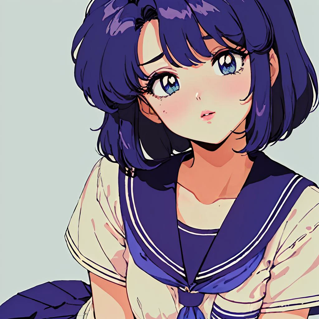 (masterpiece, best quality, anime, retro, realistic, cinematic lighting, hentai, vivid:1.2), (pc98 art style, flat color, low bit color:1.5), (dynamic closeup shot:1.2), (simple beach background:1.2), (mature woman:1.3), (moan face:1.3), (school uniform:1.3) (huge breast), (short blue hair), (curvy, thick), (color lips), sexually suggestive,