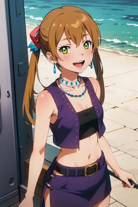 best quality, (masterpiece:1.2), detailed,
<lora:chara_SuiseiNoGargantia_Melty_v1:0.8>, melty sng,
1girl, solo, light blush, smile, open mouth,
brown hair, twintails, green eyes, earrings, white necklace, small breasts,
black crop top, purple vest, purple skirt, black belt,
standing, looking at the viewer,
ocean