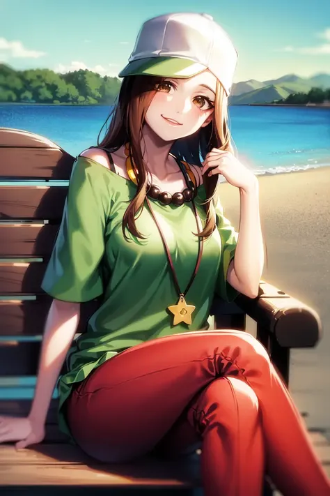 <lora:gaenOshinoKaiki:0.9>, gaenIzuko, masterpiece, best quality, absurdres, 1girl, sitting, bench, outdoors, lake, hills, (green sky:1.1), (gradient sky:1.5), cloud, looking at viewer, smile, red pants