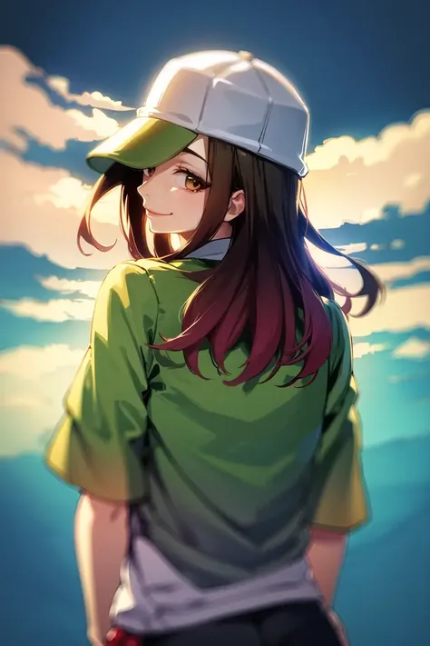 <lora:gaenOshinoKaiki:0.9>, gaenIzuko, masterpiece, best quality, absurdres, 1girl, standing, outdoors, (green sky:1.1), (gradient sky:1.5), cloud, looking at viewer, upper body, smile, looking back, from behind