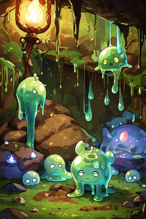 ((best quality, masterpiece, absurdres)), Mystical Cavern, Earthy Tones, Flickering Torches, Ancient Runes, Druidic Robes, ((cute colorful slime monsters around))