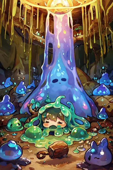 ((best quality, masterpiece, absurdres)), Mystical Cavern, Earthy Tones, Flickering Torches, Ancient Runes, Druidic Robes, ((cute colorful slime monsters around))