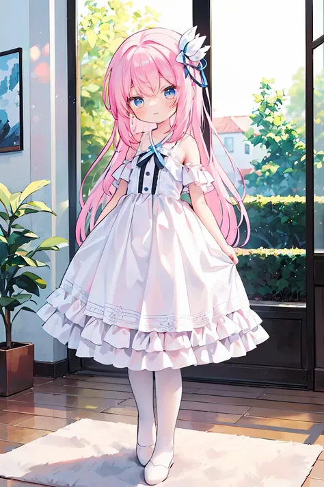 (masterpiece, best quality), 1girl, blue and white frill dress, (white stockings), pink hair, cute face, standing, indoor, intricate detail, sunlight,