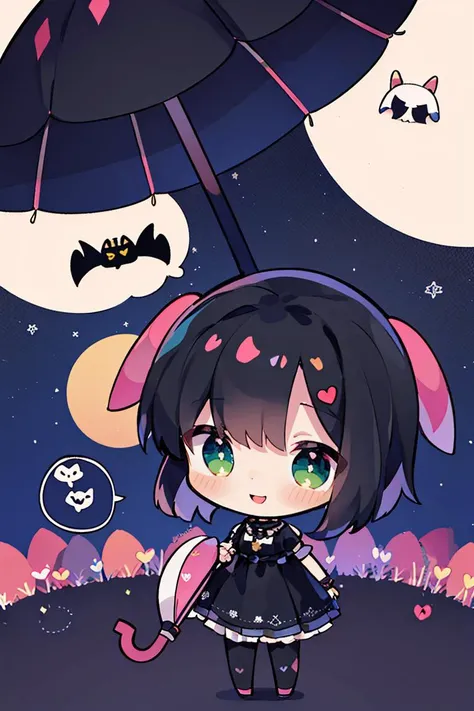 photo of (dl_ezgi:1.1), solo, a goth girl, (happy:1.2), holding a (black parasol:1.3), flamboyant dress, green eyes, (black hair:1.2), [pink hair strand:0.3], girl focus, detailed face, beautiful face, (freckles:0.5),
chibi, cute, energetic, hyper, dancing, full body, implied motion, spoken hearts, black hearts, night, stars, moon, castle background, bats,