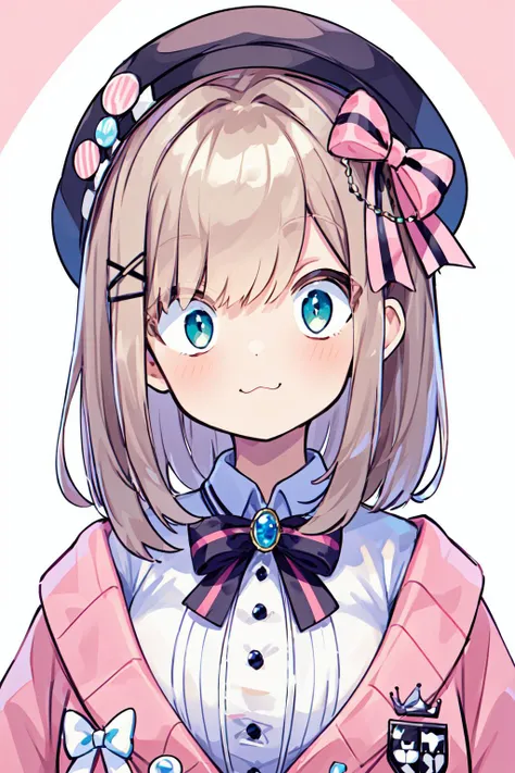 masterpiece, best quality, highres, hmsl1, beret, x hair ornament, medium hair, pink bow, large breasts, jewelry, pink cardigan, brooch, white shirt, vertical-striped skirt, <lora:suzuhara_lulu_v10:0.7>, (portrait:1.2), standing, smile, <lora:surprised_v100:1>, (:3:1.2), closed mouth,